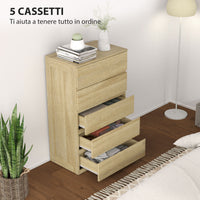 Cassettiera 5 Cassetti 60x39x100 cm in Legno con Guide in Metallo e Maniglie Scanalate color Faggio