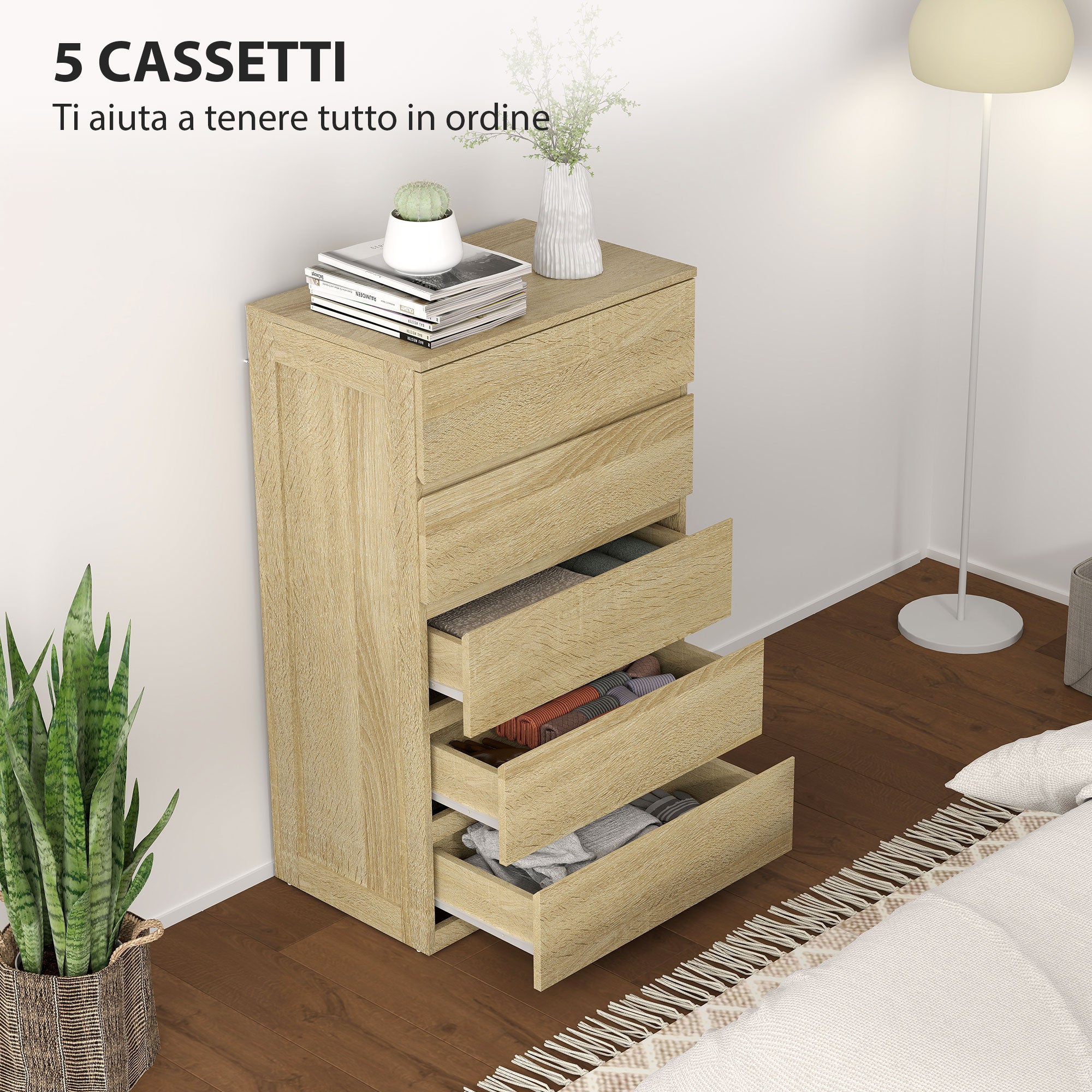 Cassettiera 5 Cassetti 60x39x100 cm in Legno con Guide in Metallo e Maniglie Scanalate color Faggio