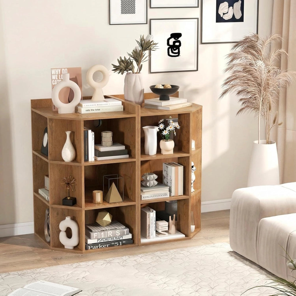 Mobile ad Angolo a 3 Livelli in Legno, Libreria Angolare Aperta con Stazione di Ricarica 9 Cubi 2 Porte USB e 4 Prese, Adatto per Spazi Ridotti, 51x71,5x86 cm (Naturale)