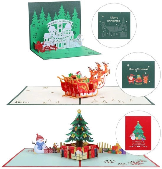 Set di Carte Natalizie 3D - Pop-up - Albero/Natale/Uomo - Incluso Busta - Altezza circa 10 cm - 300 g/m² Carta - Carta di Auguri