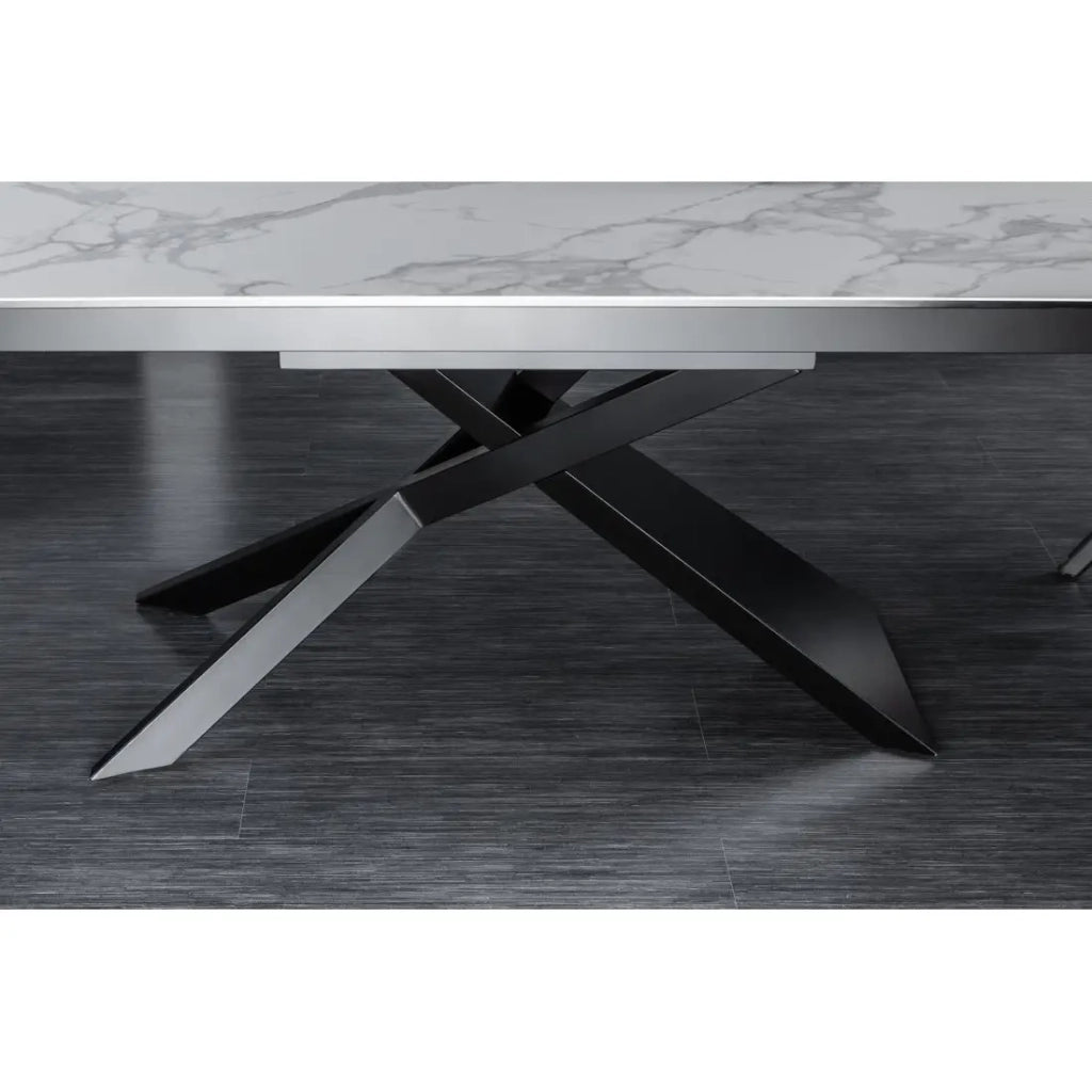 Table STELIX 180–220–260 cm – Piano in ceramica effetto marmo bianco e vetro temperato – Estendibile con gambe in metallo nero