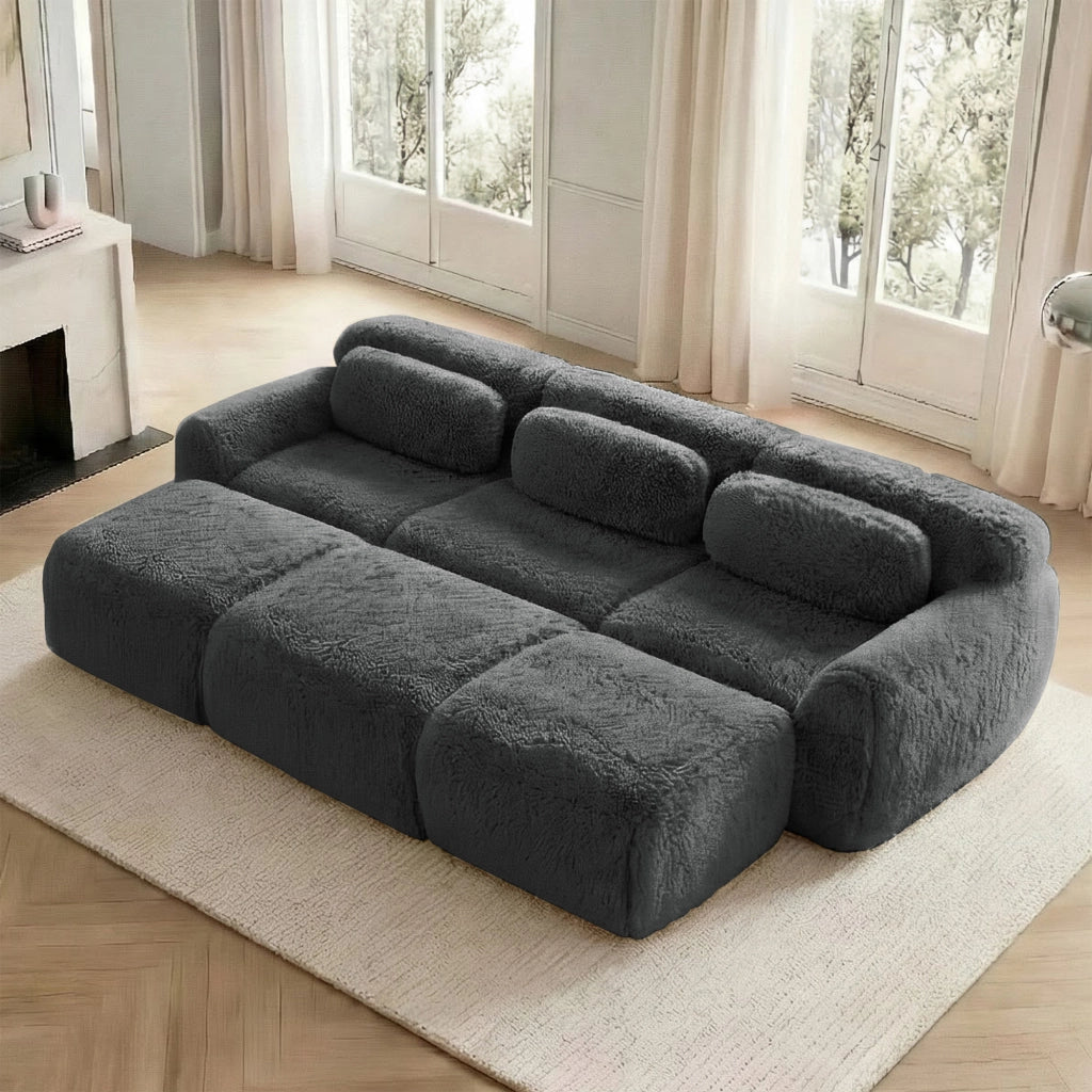Divano Modulare 3 Posti con 3 Pouf Senza Struttura; Comfort Nuvola; Seduta Ampia in Peluche Grigio