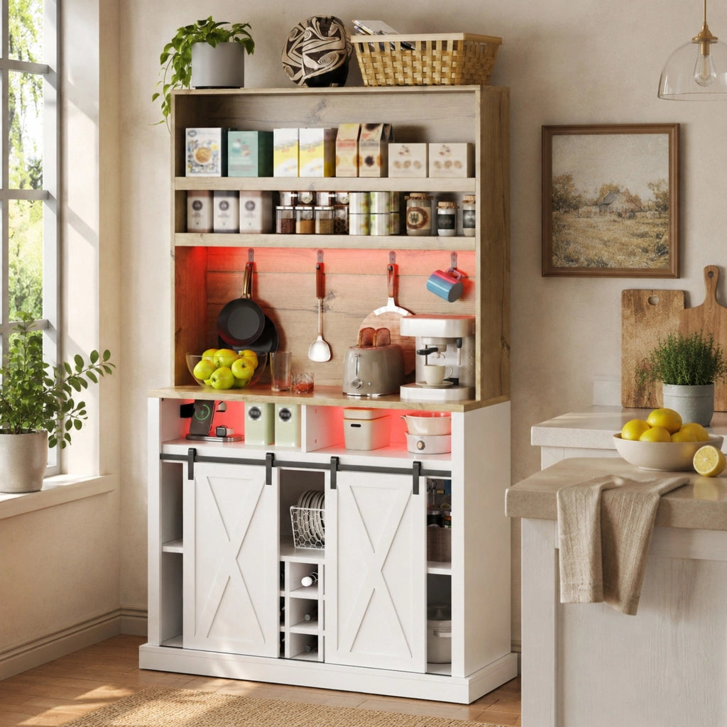 Colonna cucina con LED RGB, prese USB e vetrina, 110x40x191 cm