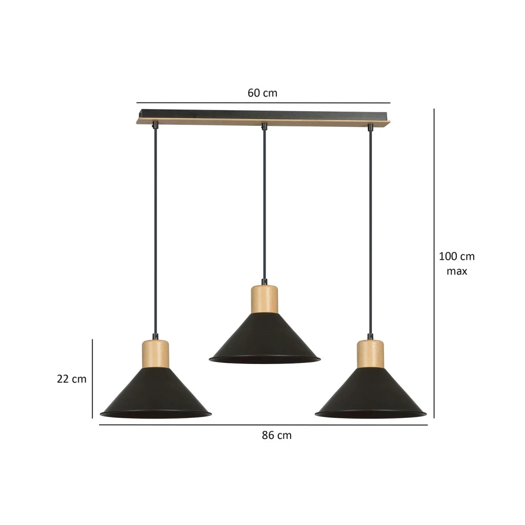 Sospensione Nordica 3 Luci Chandra In Acciaio Nero E Legno