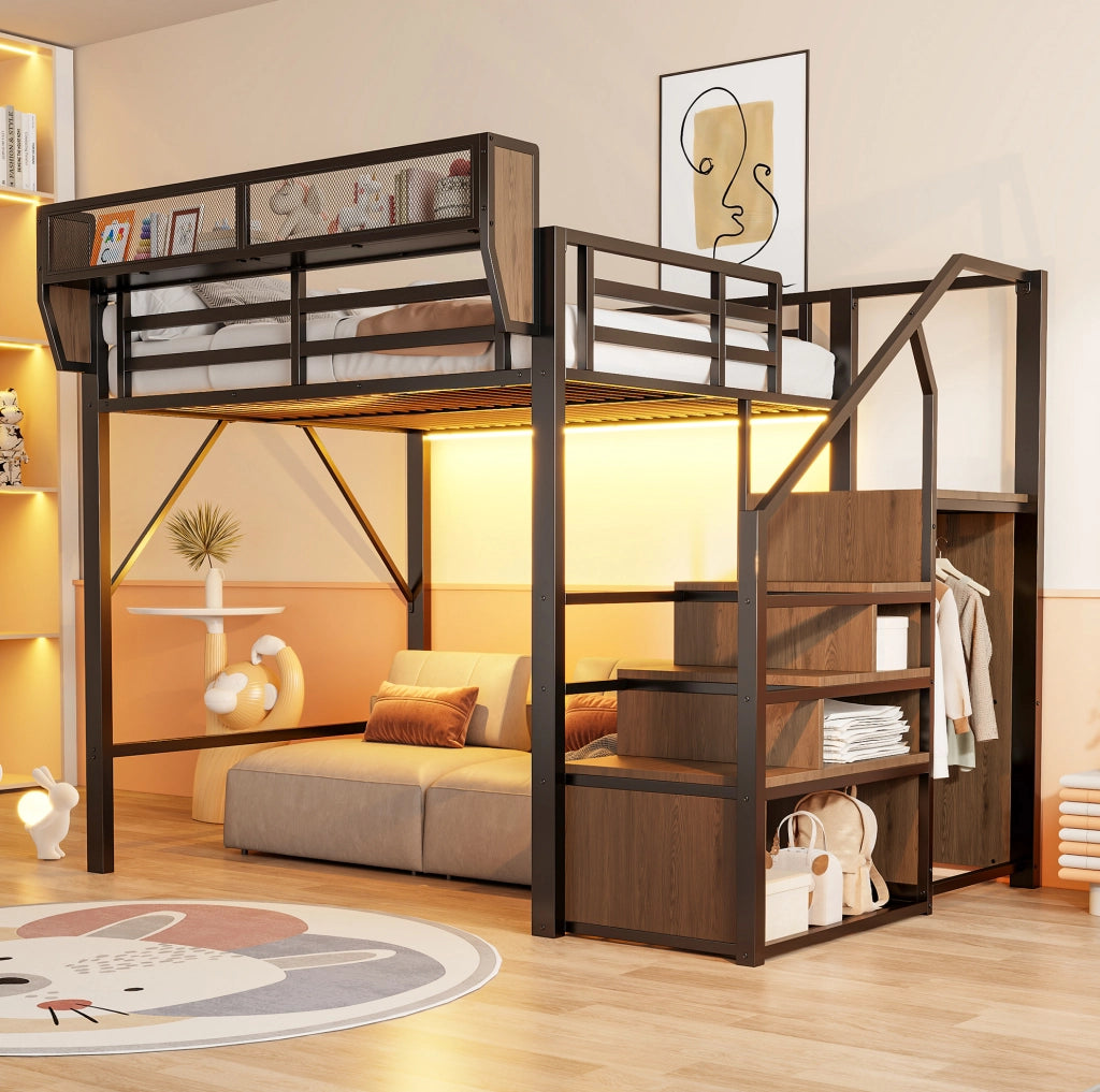 Letto a soppalco ULEVR 140x200 cm con scala di sicurezza, ripiano regolabile e striscia LED multicolore, nero