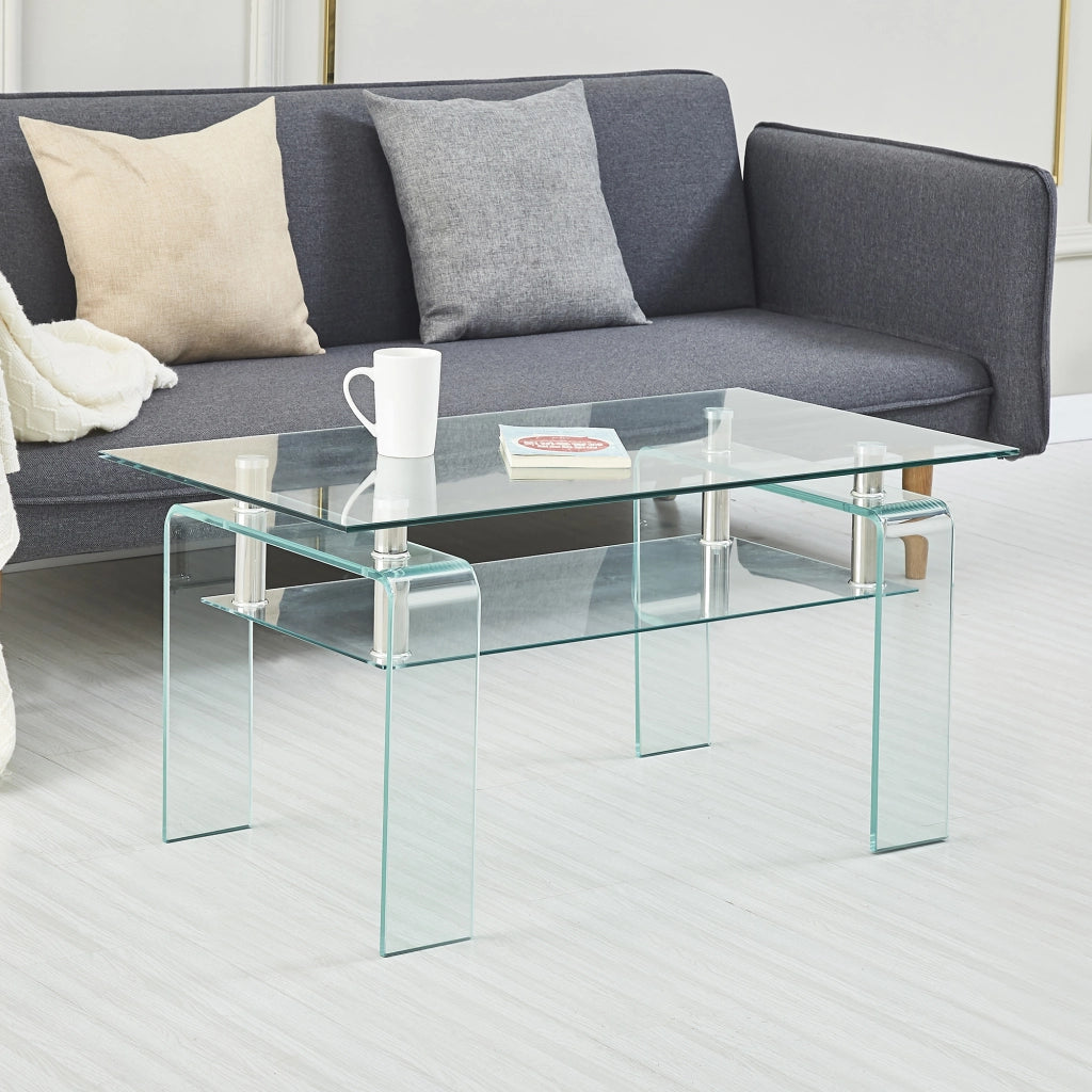 Tavolino da caffè con 2 ripiani - per soggiorno - in vetro e metallo - 100x55x45 cm - trasparente