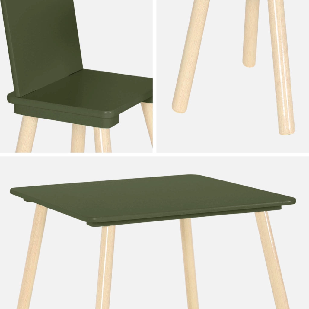 Tavolo quadrato per bambini con 2 sedie, verde oliva