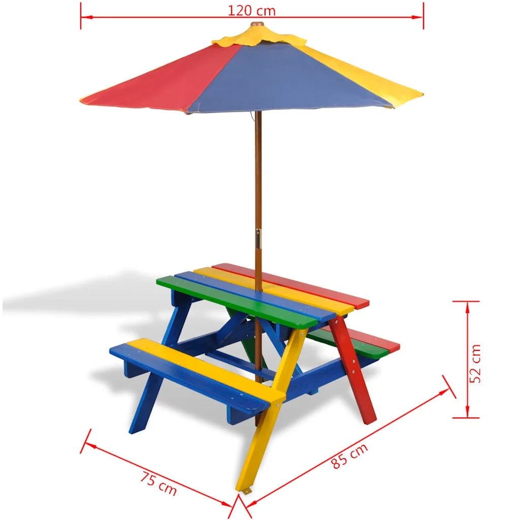 Tavolo e Panchine per Bambini con Parasole Legno Multicolore 40773
