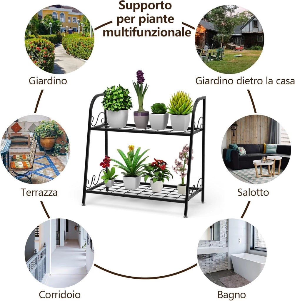 Scaffale Portafiori a 2 Ripiani, Porta Piante da Esterno e Interno a Scala, Scaffale Porta Vasi di Metallo per Balcone, Soggiorno e Giardino, 63 x 30,5 x 61,5 cm