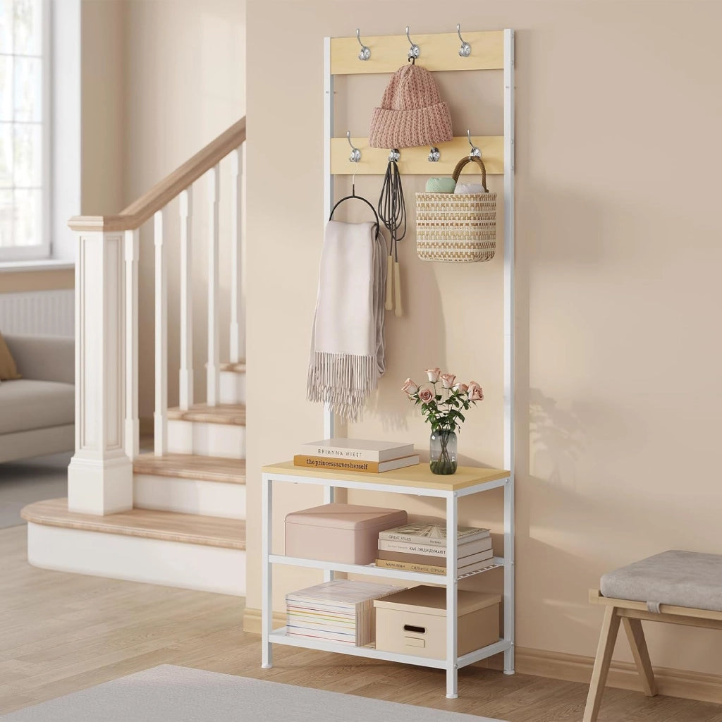 Appendiabiti Panca Porta Scarpe 3 in 1, Scaffale per Scarpe a 2 Livelli con Sedile e 7 Ganci, per Corridoio/Ingresso, Metallo + Legno Ingegnerizzato, Bianco + Rovere Chiaro, 60x31,5x170cm