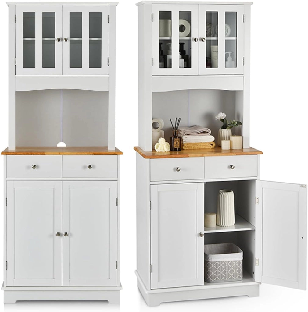 Credenza Alta da Cucina 170 cm con Ante e 2 Cassetti, Mobile Portaoggetti con Dispositivo Antiribaltamento e Ripiani Regolabili, Armadio a Buffet per Sala da Pranzo, Soggiorno (Bianco)