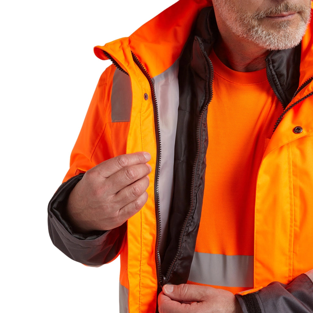 Giacca Alta Visibilità Impermeabile 2 In 1 - Giubbetto Interno Staccabile In Oxford 140 g, Cappuccio Removibile Giacca Da Lavoro HV - ORANGE TG. L