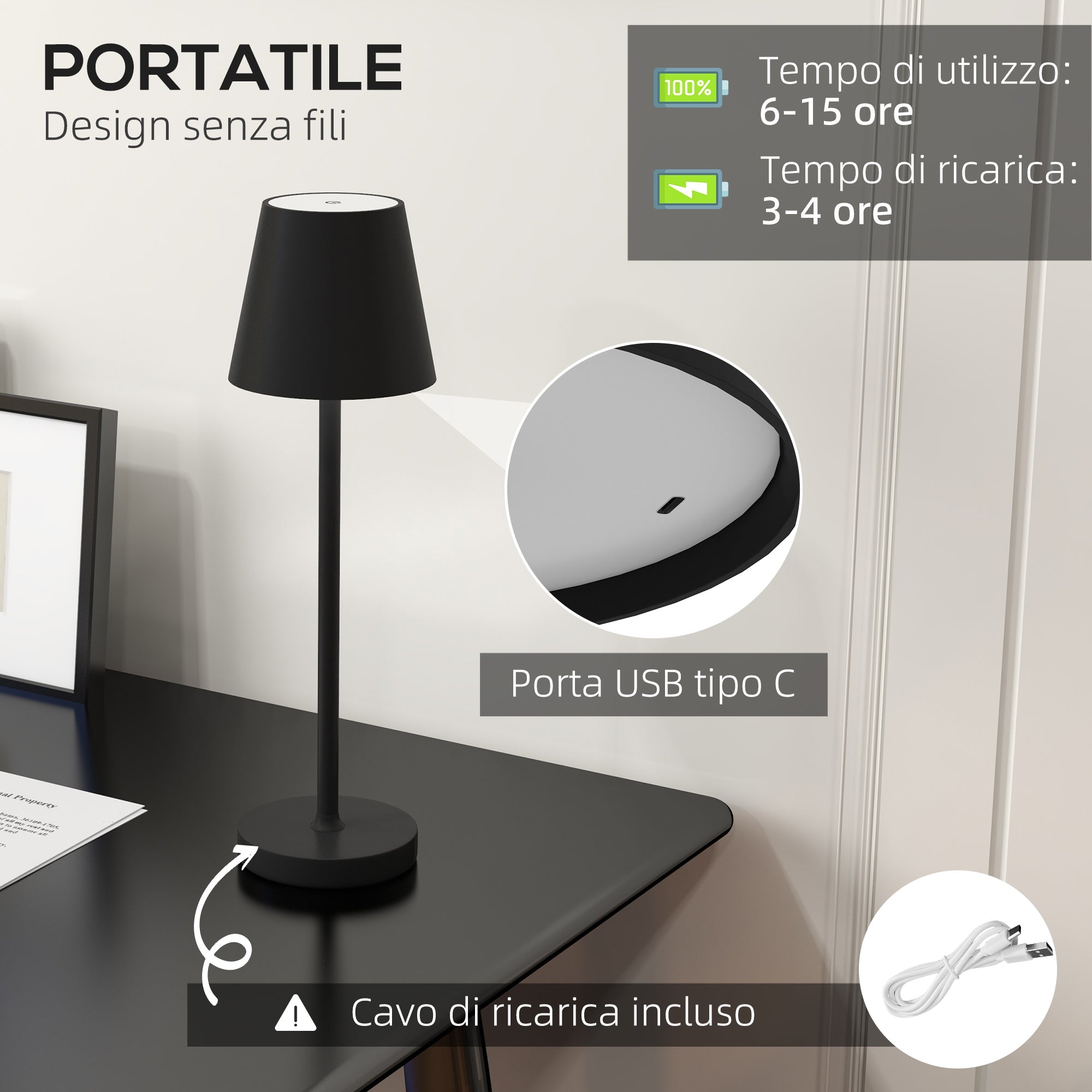 Lampada da Tavolo Portatile Ø11,2x36,5 cm in Acrilico e Metallo Nero