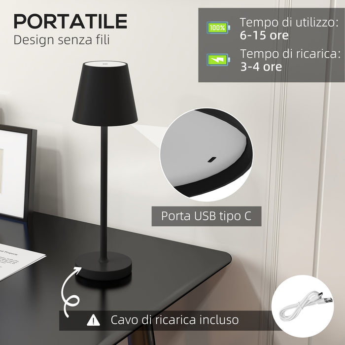 Lampada da Tavolo Portatile Ø11,2x36,5 cm in Acrilico e Metallo Nero