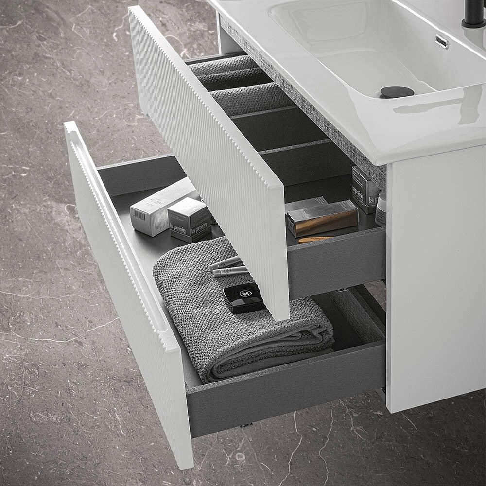 Mobile bagno sospeso cannettato 60 cm bianco opaco con lavabo Bali
