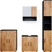 Set mobili bagno Irma, Quercia dorata/antracite, 80 cm, composto da mobile lavabo, pensile a specchio, colonna e base media