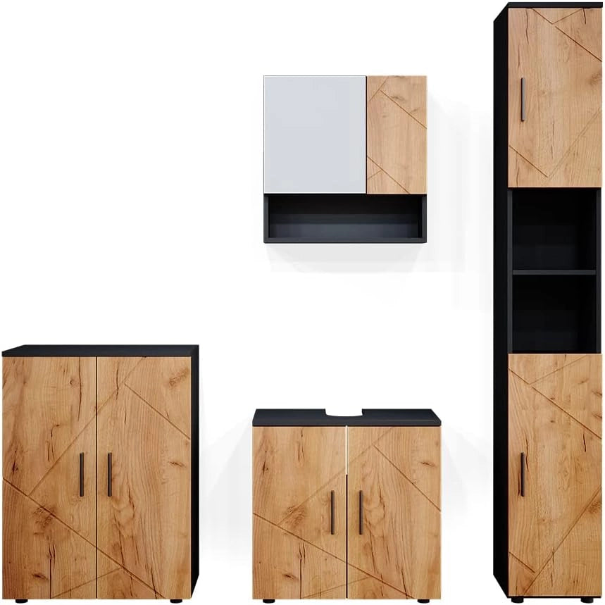 Set mobili bagno Irma, Quercia dorata/antracite, 80 cm, composto da mobile lavabo, pensile a specchio, colonna e base media