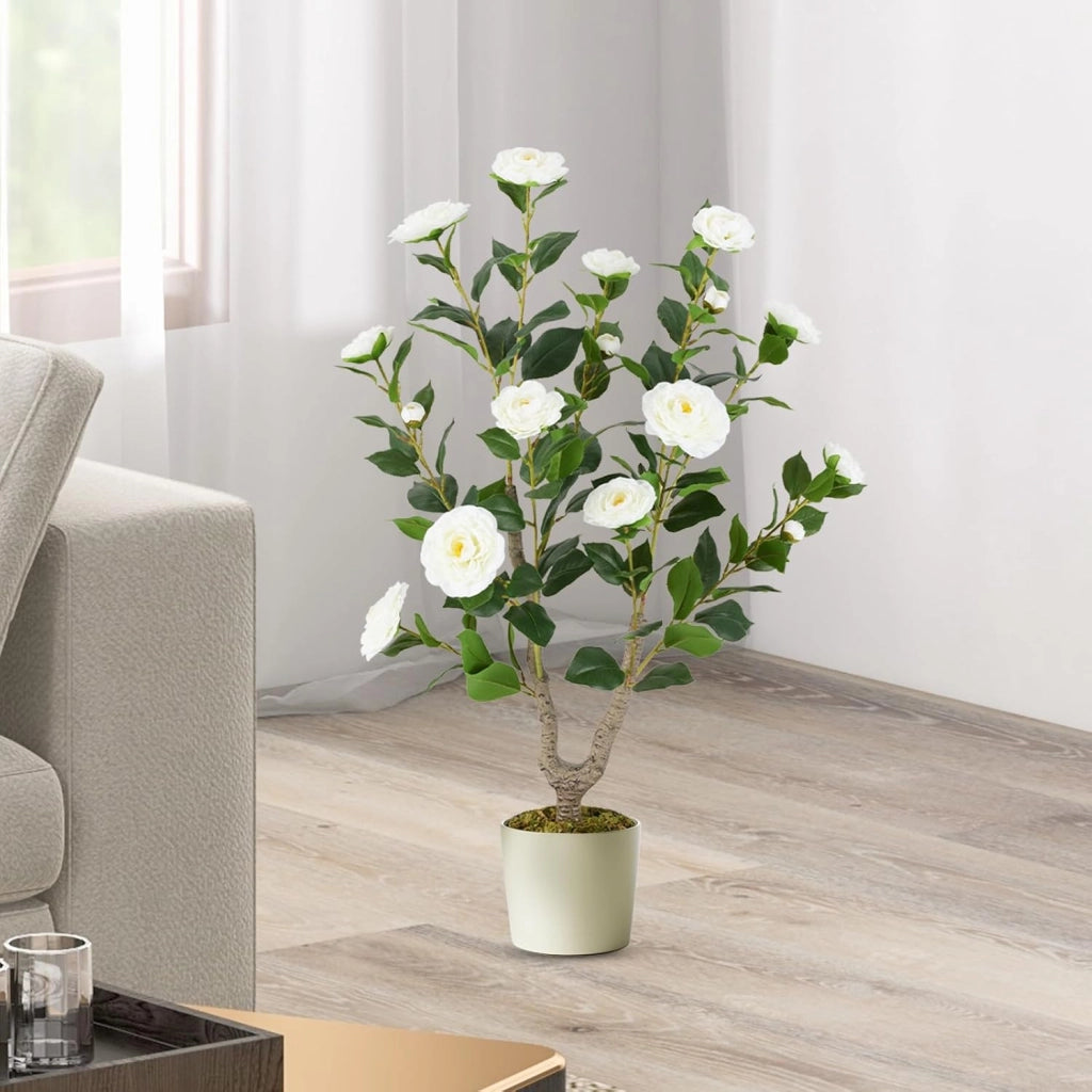 Albero di Camelia Artificiale 90 cm, Pianta Finta in Vaso con 16 Fiori Vivaci e 116 Foglie Vibranti, Pianta Decorativa per Soggiorno, Camera da Letto, Ufficio e Veranda (Bianco)