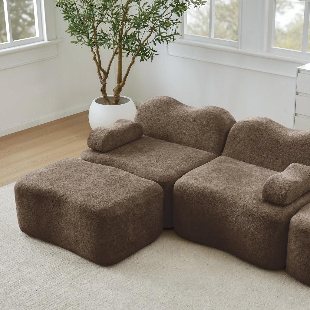 Divano angolare modulare a onde in velluto marrone con pouf collegabile