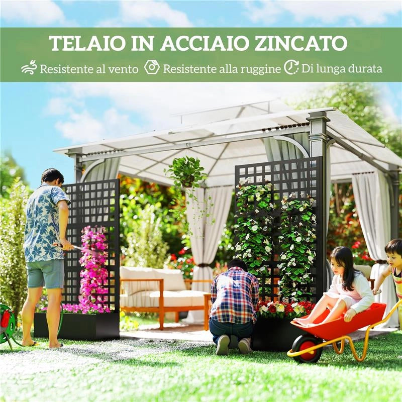 FIORIERA DA ESTERNO CON SPALLIERA PER RAMPICANTI E FRANGIVISTA IN ACCIAIO ZINCATO, 89X40.5X178 CM, NERO