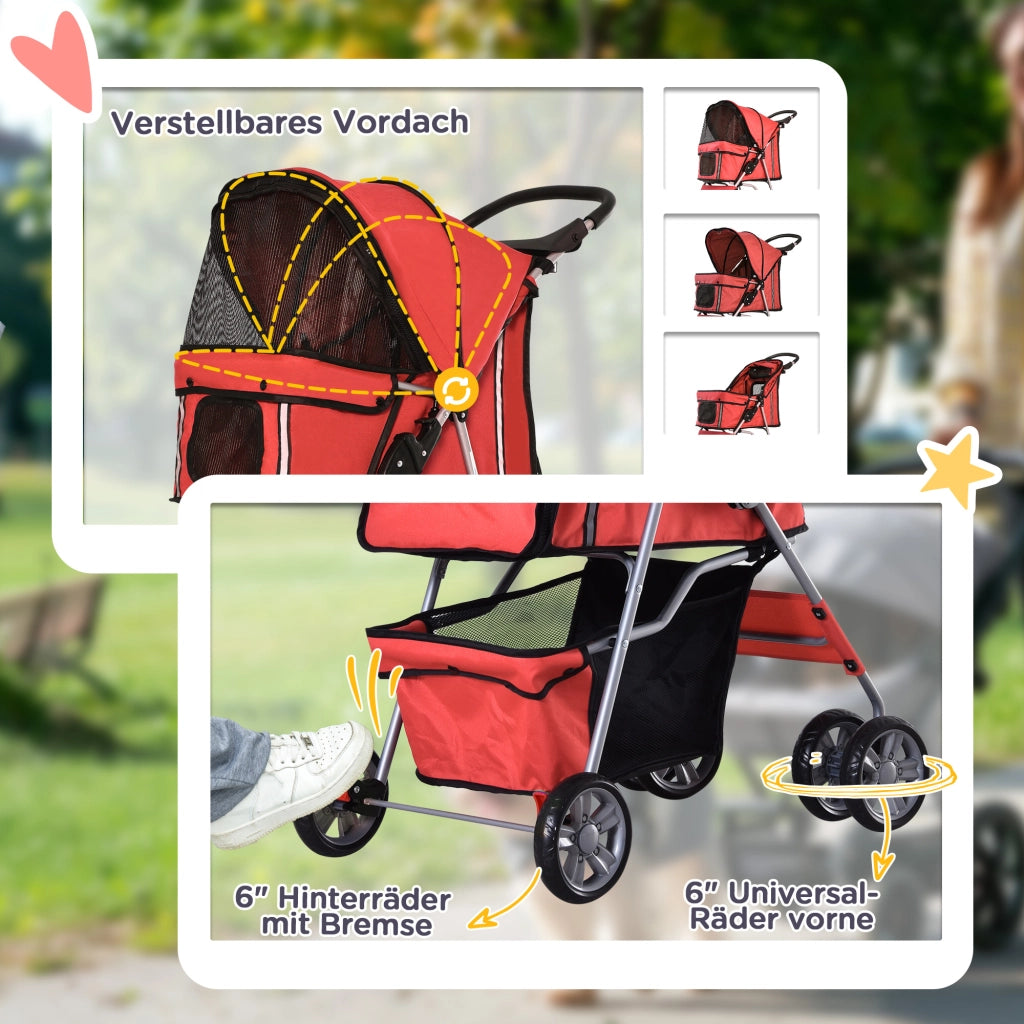 Carrello pieghevole per trasporto cani con accesso a due vie, cestino inferiore, rete anti-insetti, poliestere rosso