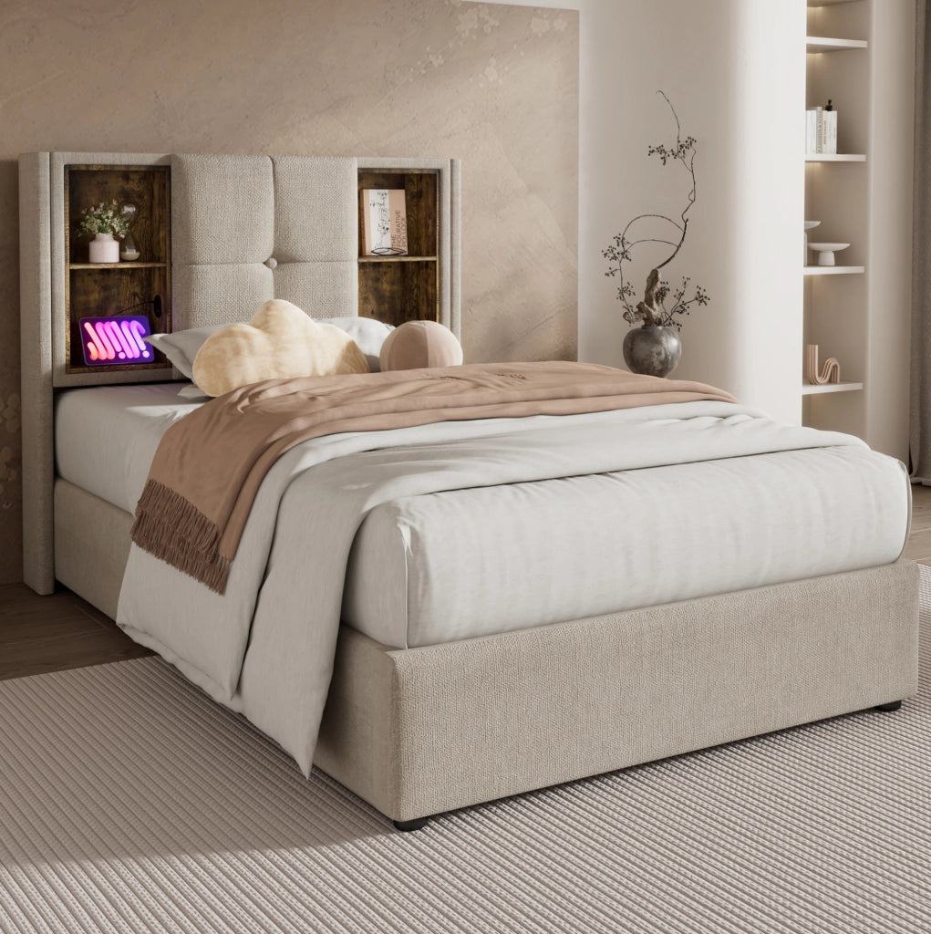 Letto imbottito 90x200 cm con contenitore; ricarica wireless; USB e Type-C; lino naturale