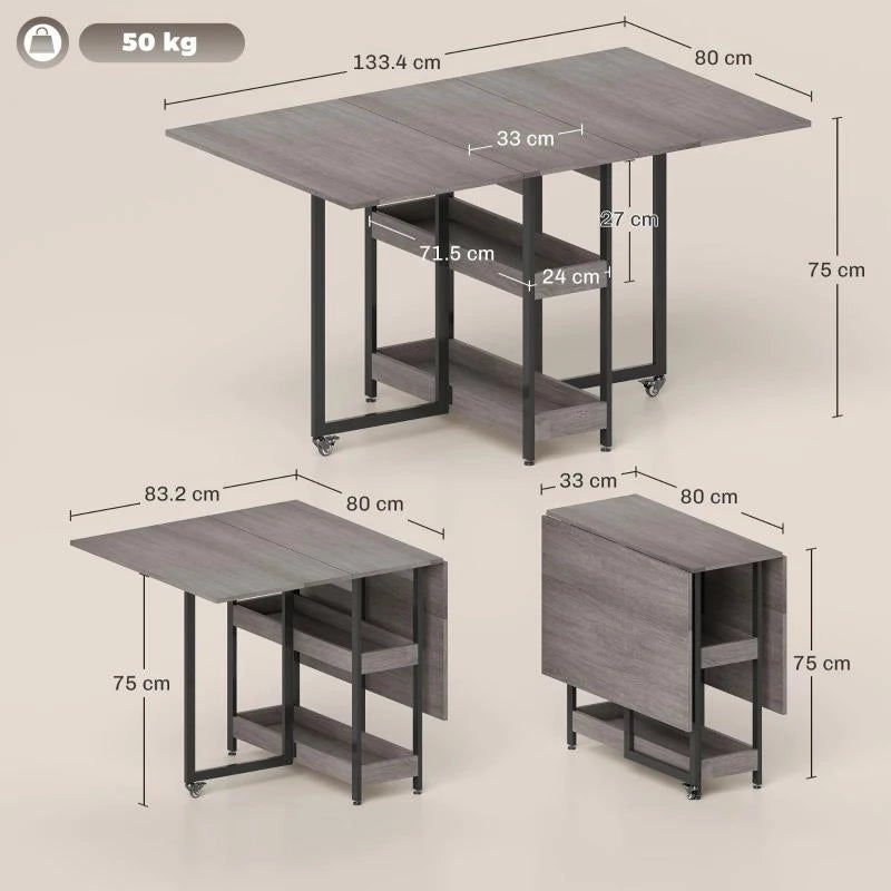 TAVOLO PIEGHEVOLE A 2 RIBALTE PER 4 PERSONE CON 2 RIPIANI APERTI, IN LEGNO E METALLO, 133.4X80X75 CM, GRIGIO