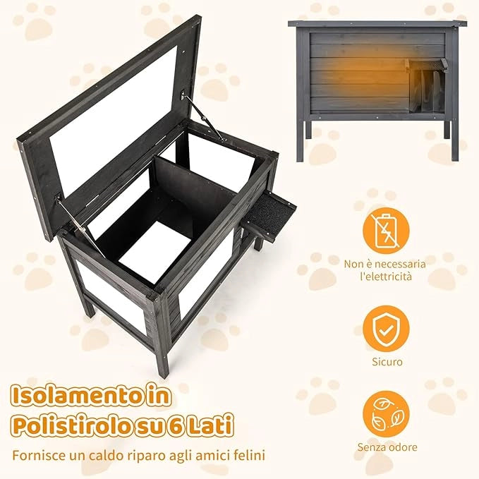 Cuccia Gatto Esterno Inverno 88 x 55 x 71 cm, Casetta Gatti Calda in Legno con Isolamento in Schiuma, Tetto Apribile in Asphalt e Porta, Rifugio termica per Gatti Multipli (Nero)