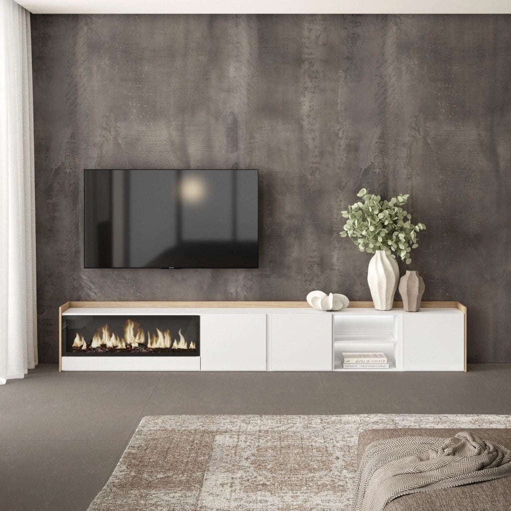 Mobile TV Soggiorno, 315x50x35 cm, Per TV fino a 80", Camino elettrico XXL, LED, Bianco e Rovere soft