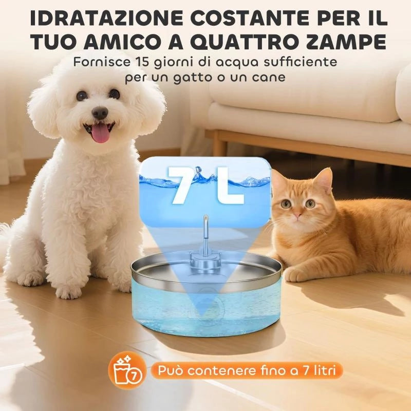 FONTANELLA PER GATTO 7L CON LUCE LED E TRIPLA FILTRAZIONE, IN ACCIAIO INOX 304, 30.5X31.2X19.3 CM, ARGENTO