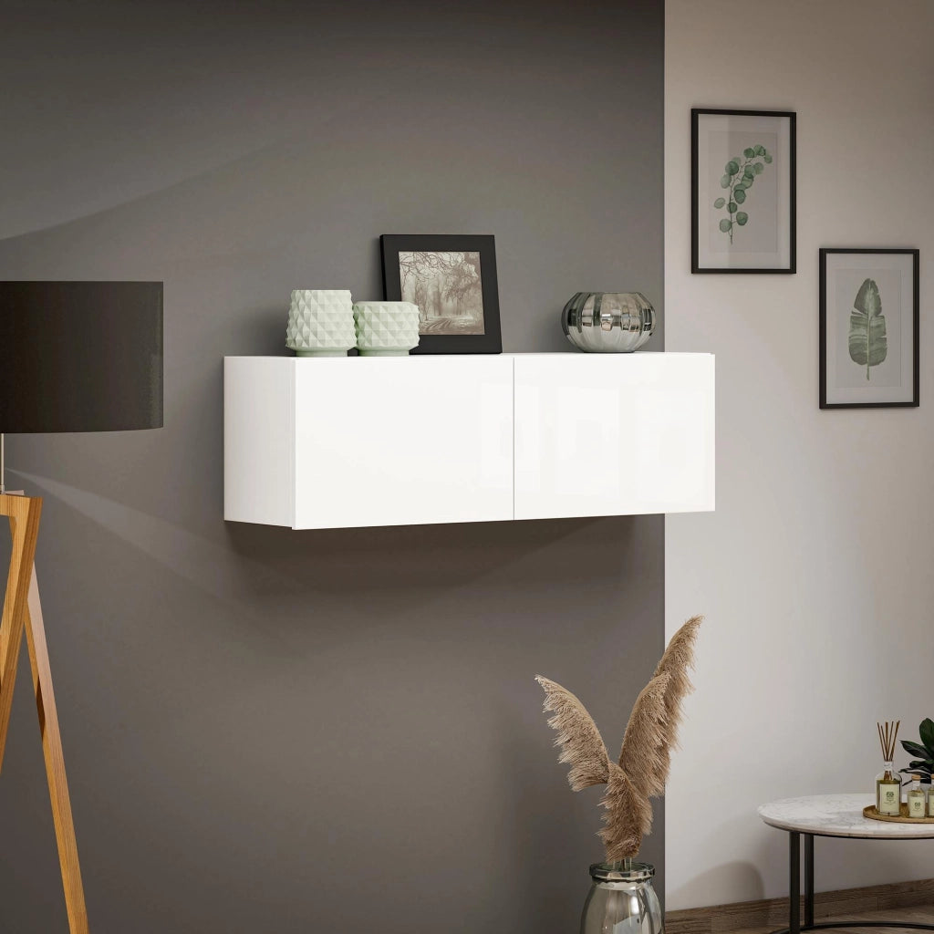 Mobile pensile Ostrense, Armadietto sospeso, Mobiletto a muro, Armadio ausiliario multifunzione, Made in Italy, 113x39h37 cm, Bianco lucido
