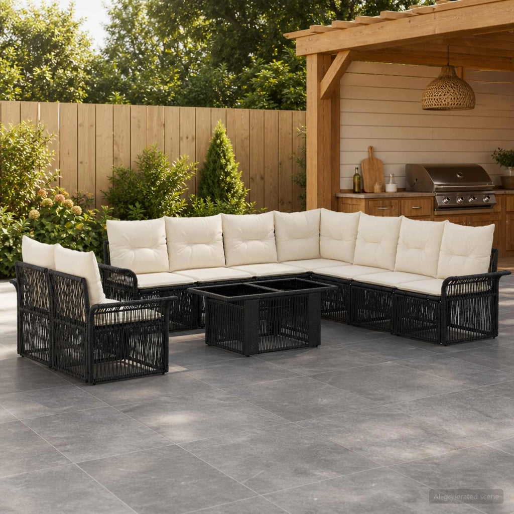 Set Divano da Giardino 10 pz Nero e Bianco Crema polyrattan 3436657