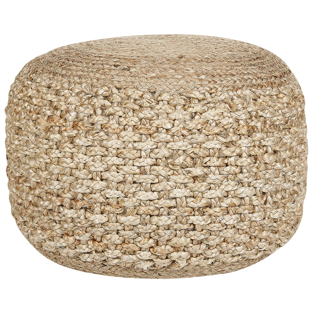 Pouf ottomano beige lavorato a maglia in iuta EPS riempimento perline rotondo piccolo poggiapiedi 50 x 35 cm stile Boho soggiorno