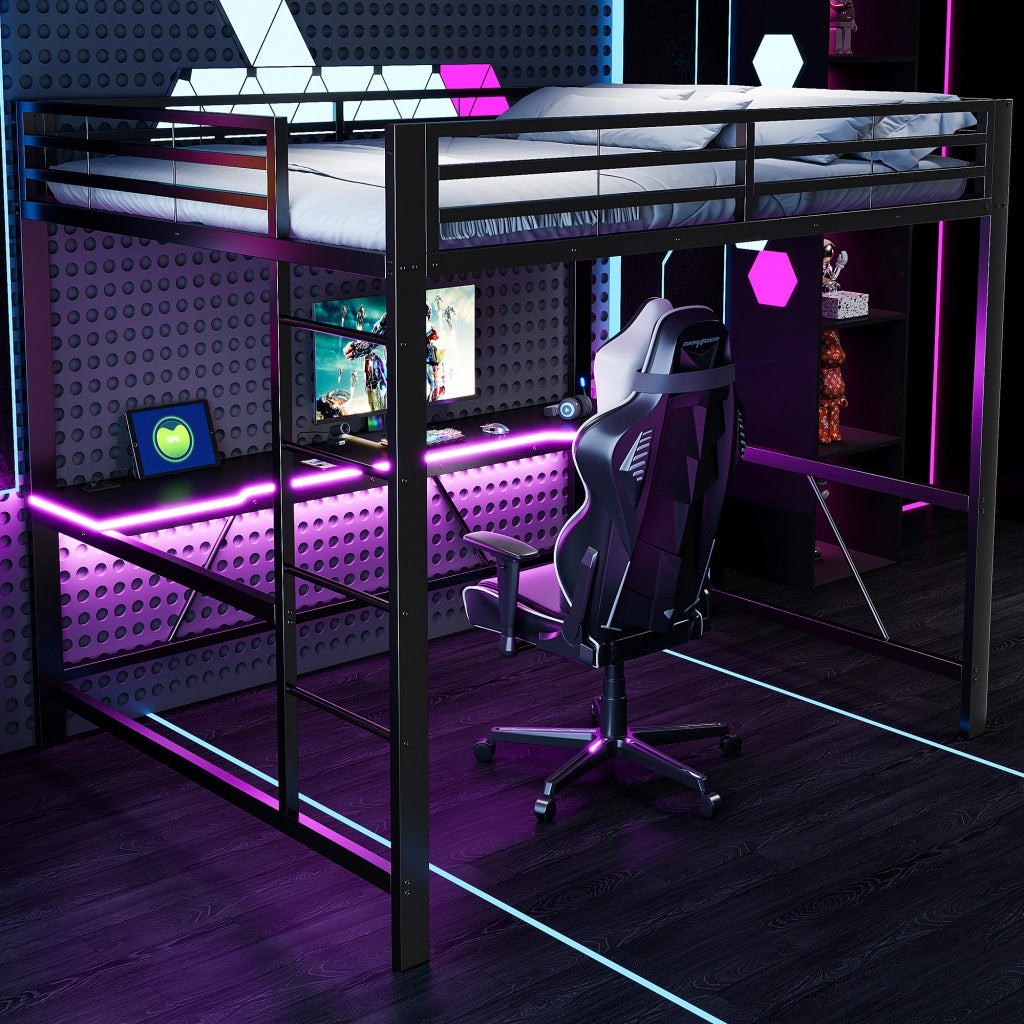 DESMIU Lit mezzanine 160 × 200 cm 2 posti con scrivania, LED e senza materasso, in metallo e MDF, nero