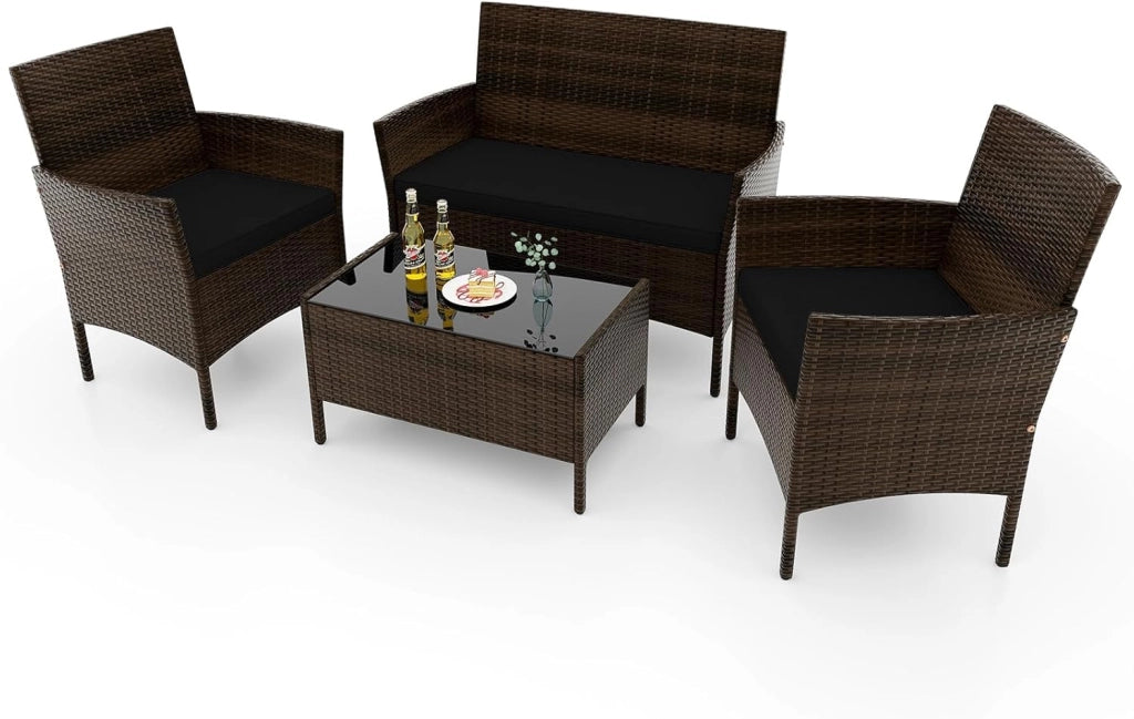 Soggiorno da giardino esterno per 4 persone in rattan PE, cuscini imbottiti, set da divano a 2 posti, 2 poltrone e tavolino in vetro temperato, mobili da terrazza per patio, balcone (marrone)