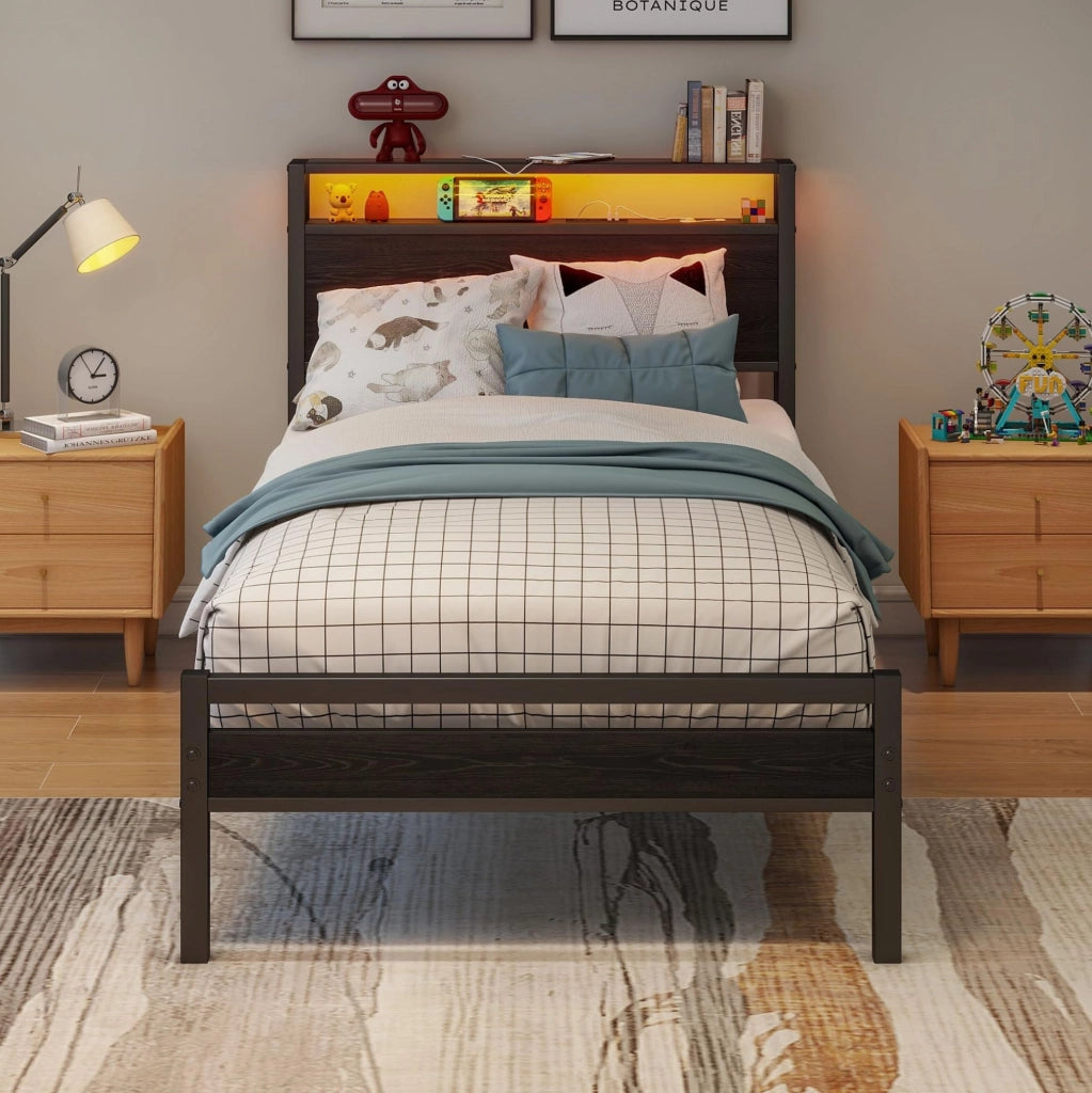 Letto singolo 90x200 cm in metallo con USB e testiera contenitore