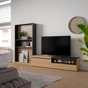 Mobile TV, Soggiorno, 310x35x186cm, Per TV fino a 80", Camino elettrico, colore Rovere e nero RF2863