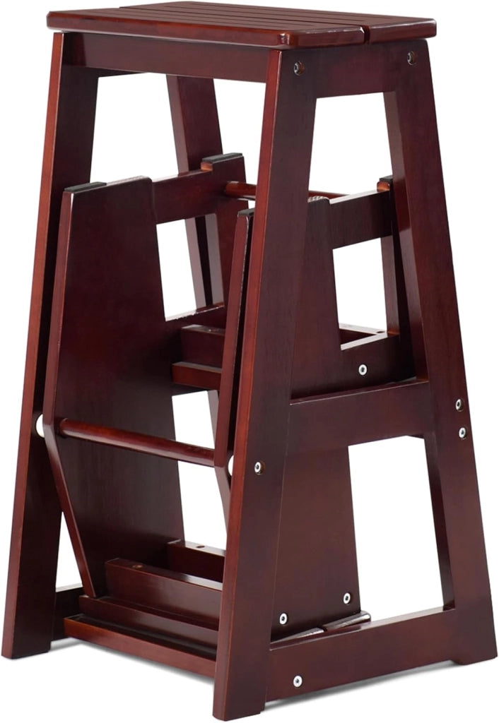 Sgabello Scaletta 3 Gradini in Legno di Pino, Sgabello Scala Pieghevole Salvaspazio, Scaletta 3 Gradini a Ribalta, Capacità Portante 150 kg, 57 x 38,5 x 66cm (Noce Scuro)