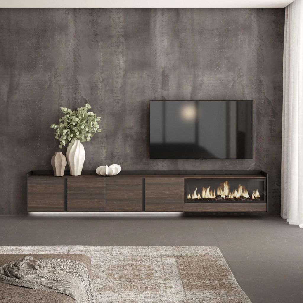 Mobile TV Soggiorno, 315x50x35 cm, Per TV fino a 80", Camino elettrico XXL, Sospeso, da appendere, LED, Rovere scuro e Nero