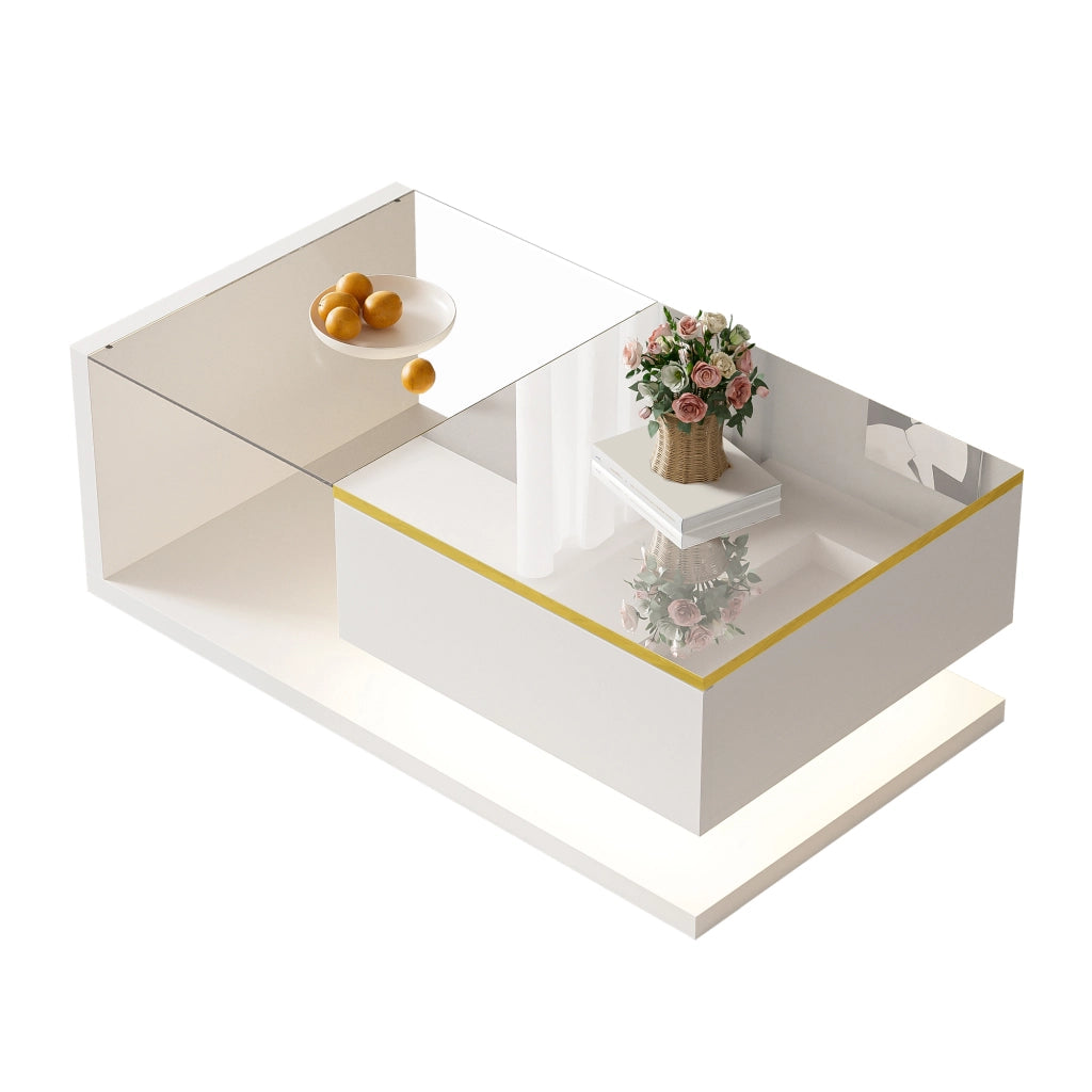 Tavolino da caffè 90x50x32.5 cm; LED dimmerabile con vano contenitore; truciolare e vetro; bianco