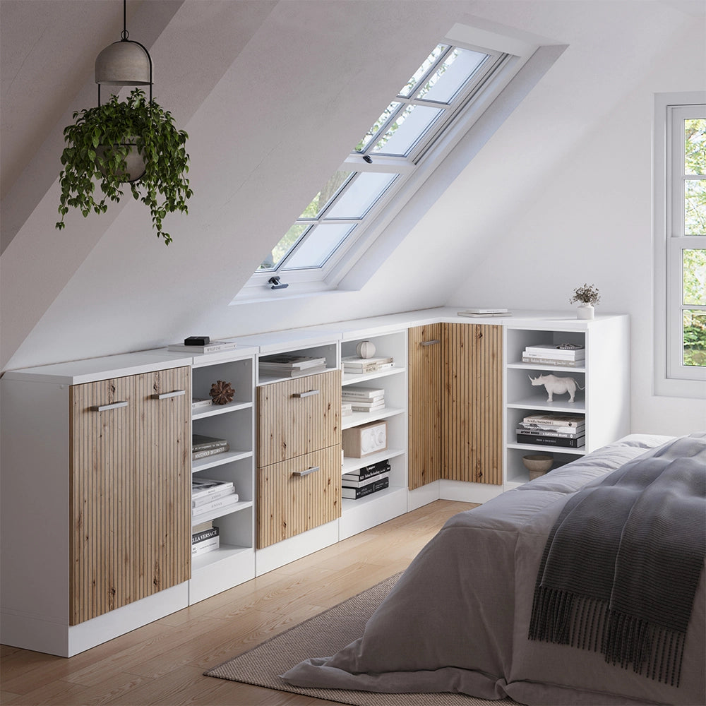 Mobile cucina angolare per sottotetto R-Line Rovere artigianale/Bianco 75.6 cm con 1 porta, carcassa dell’armadio profondità 60 cm Vicco