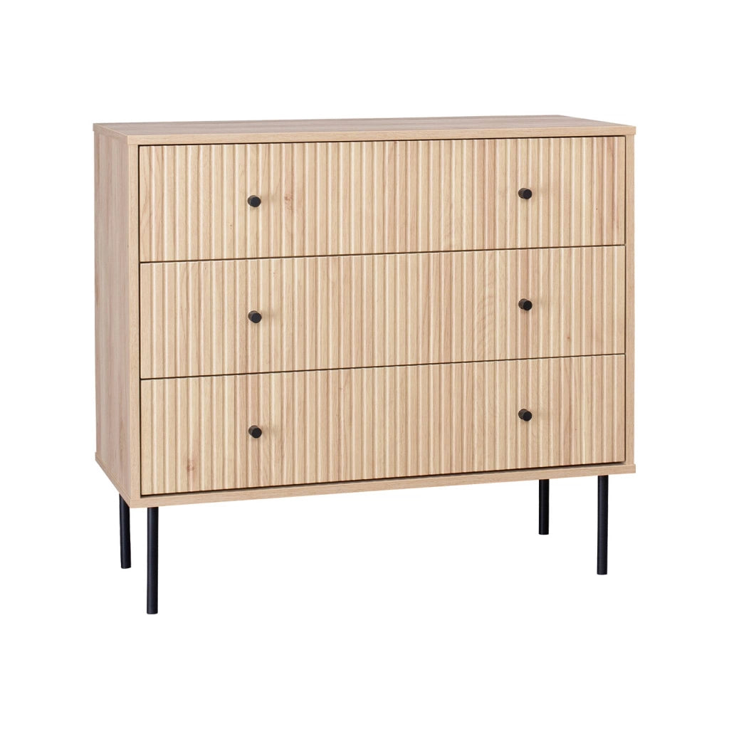 Cassettiera, decoro in legno scanalato, 3 cassetti, marrone naturale