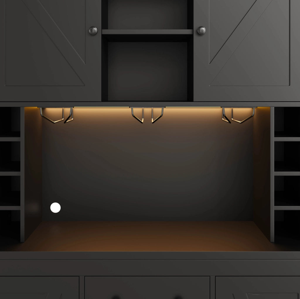 Buffet da cucina alto 180x105x40 cm nero in truciolare con LED; prese e portabicchieri