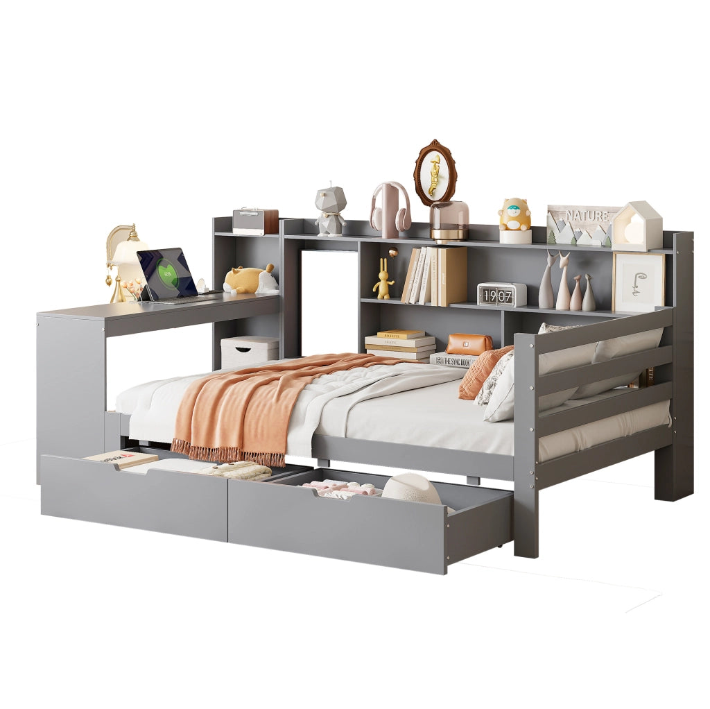 Letto multifunzionale 90x200 cm con scrivania; mensole; prese e 2 cassetti; grigio
