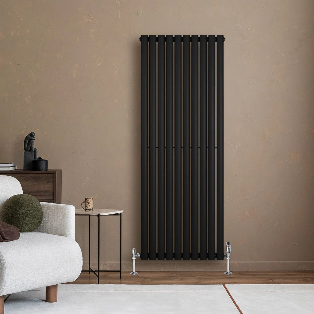 Radiatore Verticale Ovale 1600x600mm Nero con Valvole TRV