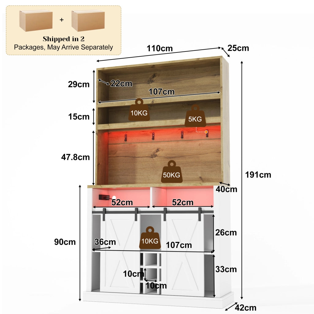 Credenza alta da cucina con LED e prese USB, per cucina e sala da pranzo, in MDF, bianco naturale, 110 × 40 × 191 cm