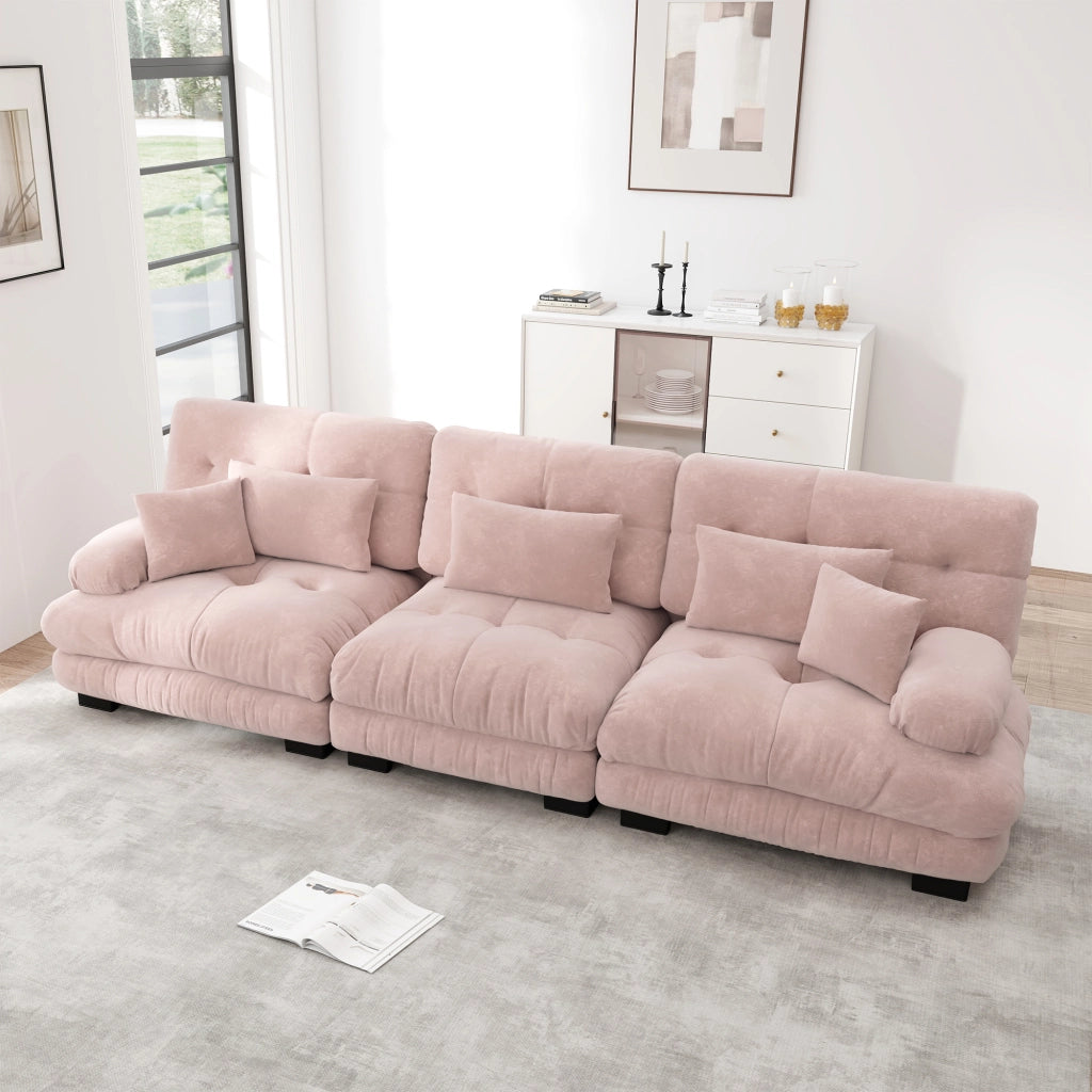 Canapé d'angle modulare 3 posti con seduta profonda e braccioli arrotondati in ciniglia rosa per salotto e ufficio
