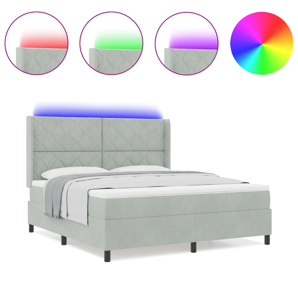 Letto Box Spring con Materasso e Luce LED Grigio Chiaro 180x200 cm Velluto