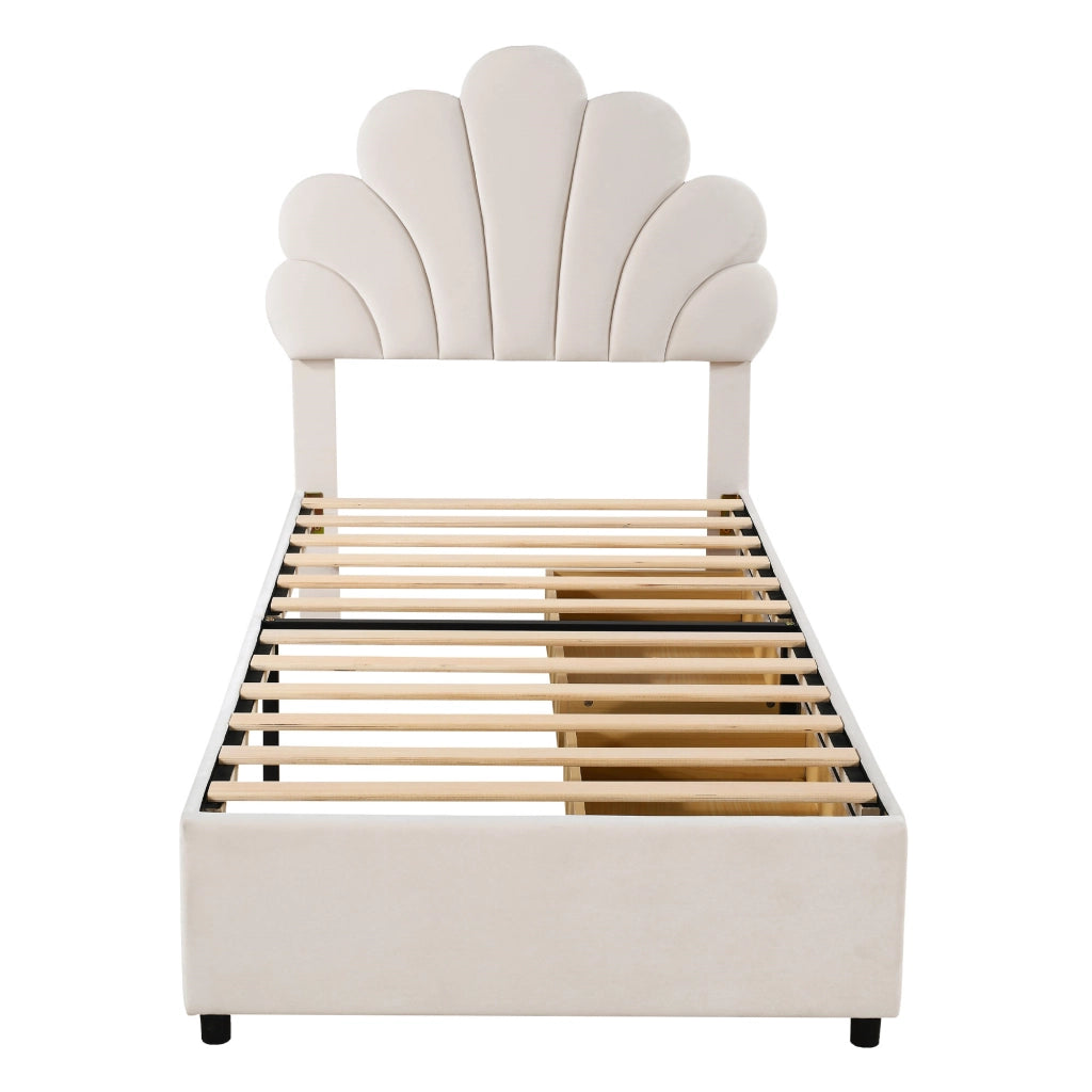 Letto per Bambini 90×200 cm con 2 Cassetti e Testiera Floreale; senza Materasso; Beige; Velluto