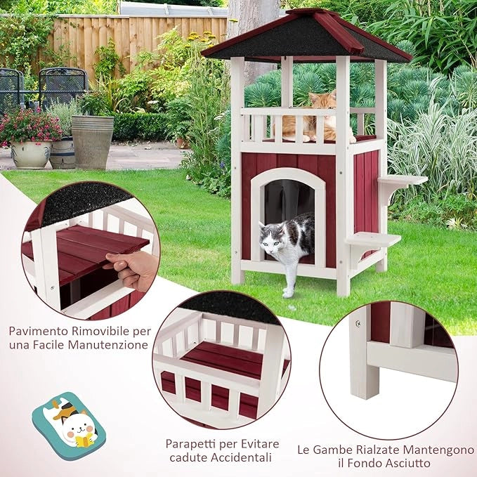 Casetta per Gatti in Legno, Casetta per Gattii a 2 Livelli con Tetto in Asfalto, 2 Piattaforme per Saltare, per Esterno e Interno, 58 x 50 x 87 cm